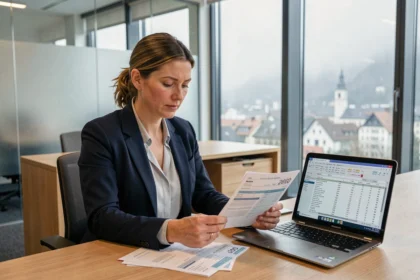 Femme professionnelle suisse analysant ses fiches de salaire et cotisations retraite dans un bureau moderne à Zurich en 2026