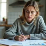 Femme suisse consultant ses fiches de salaire et documents fiscaux à la table de sa cuisine