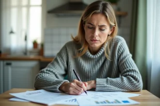 Femme suisse consultant ses fiches de salaire et documents fiscaux à la table de sa cuisine