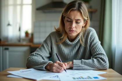 Femme suisse consultant ses fiches de salaire et documents fiscaux à la table de sa cuisine