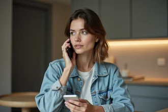 Jeune femme au téléphone dans sa cuisine moderne