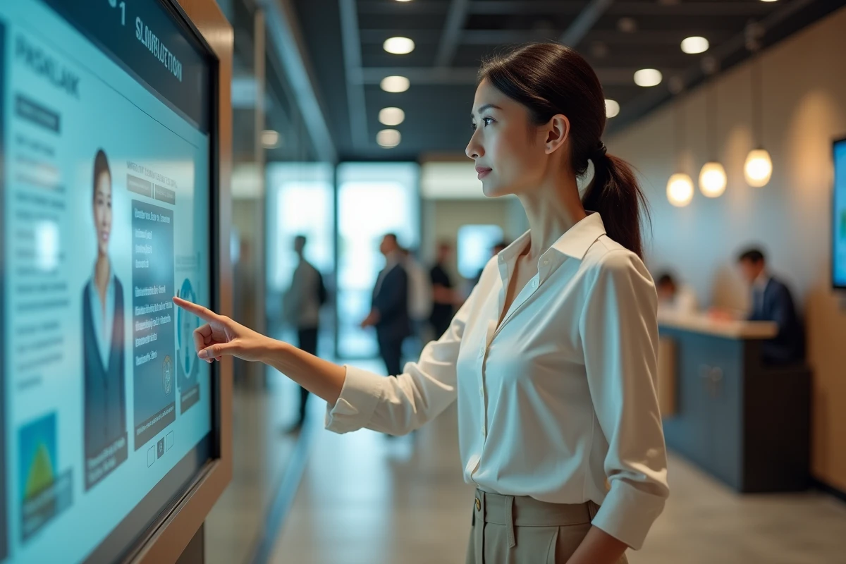 Femme utilisant un écran tactile dans une agence bancaire