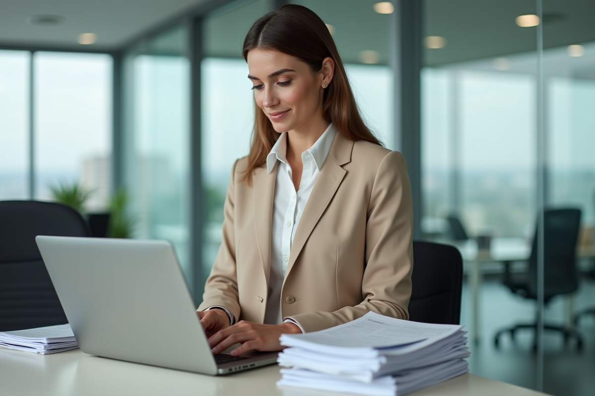Femme en bureau moderne saisissant des données fiscales