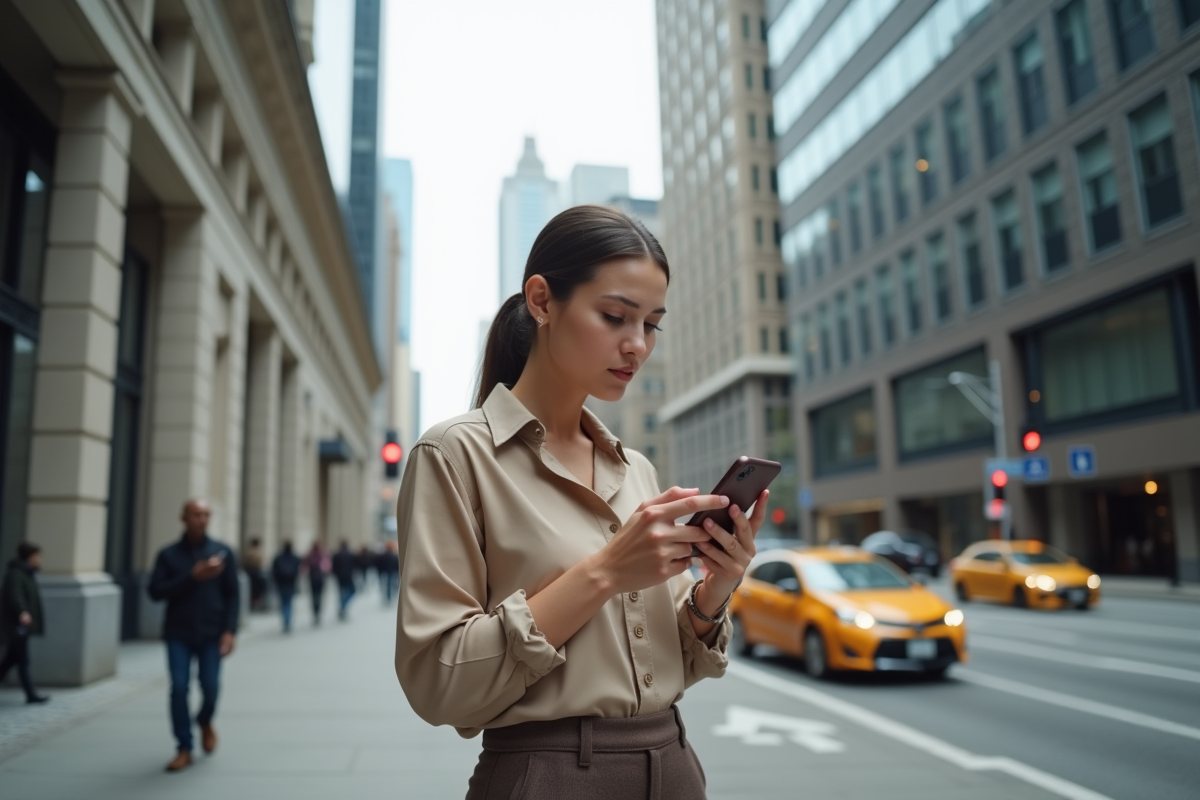 Jeune femme d affaires vérifiant les nouvelles financières dans la ville