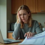 Femme inquiète vérifiant son relevé bancaire sur un ordinateur portable dans sa cuisine pour détecter un prélèvement abusif de 108 euros