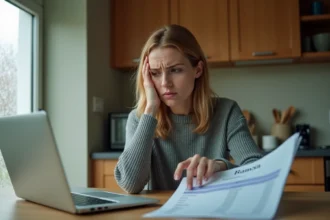 Femme inquiète vérifiant son relevé bancaire sur un ordinateur portable dans sa cuisine pour détecter un prélèvement abusif de 108 euros