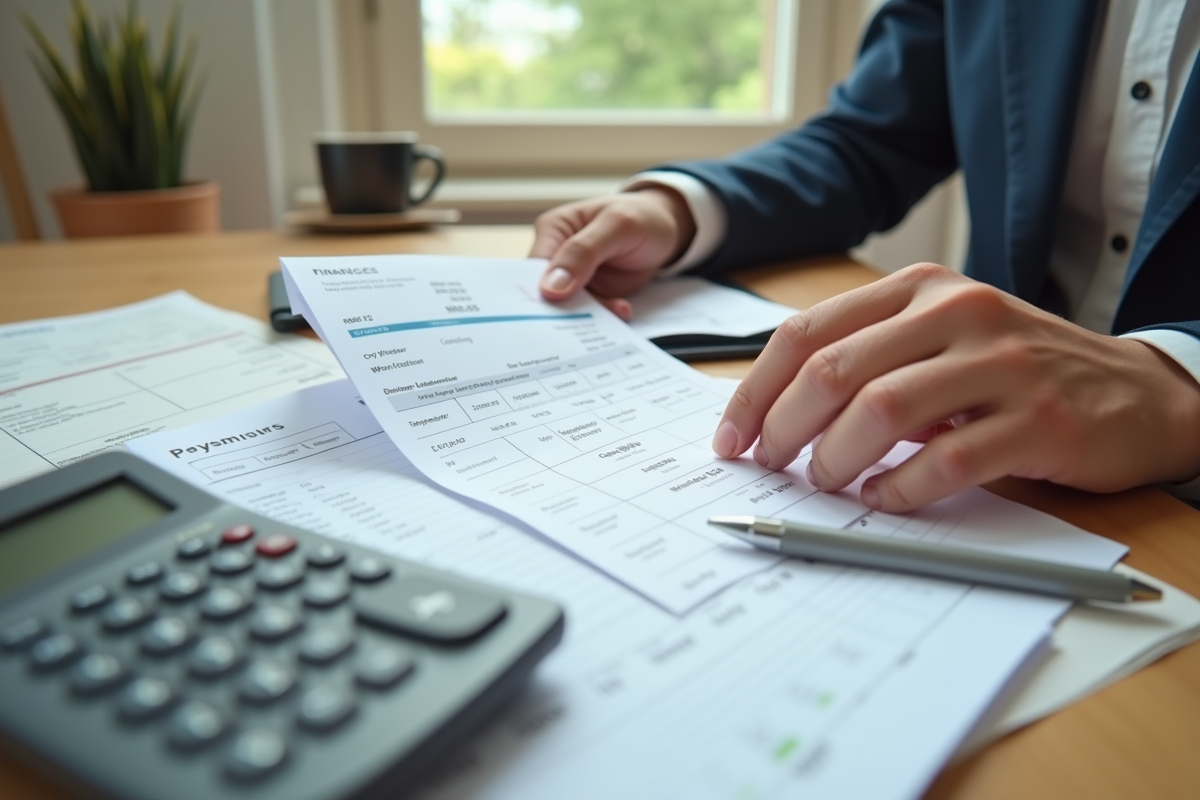 Mains tenant une fiche de paie et une calculatrice sur un bureau organisé