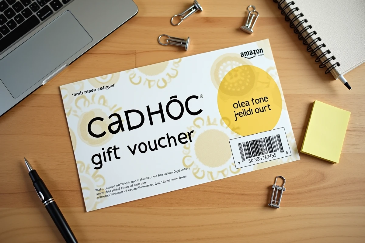 Vue de dessus d'un chèque Cadhoc posé sur un bureau en bois à côté d'un smartphone affichant Amazon