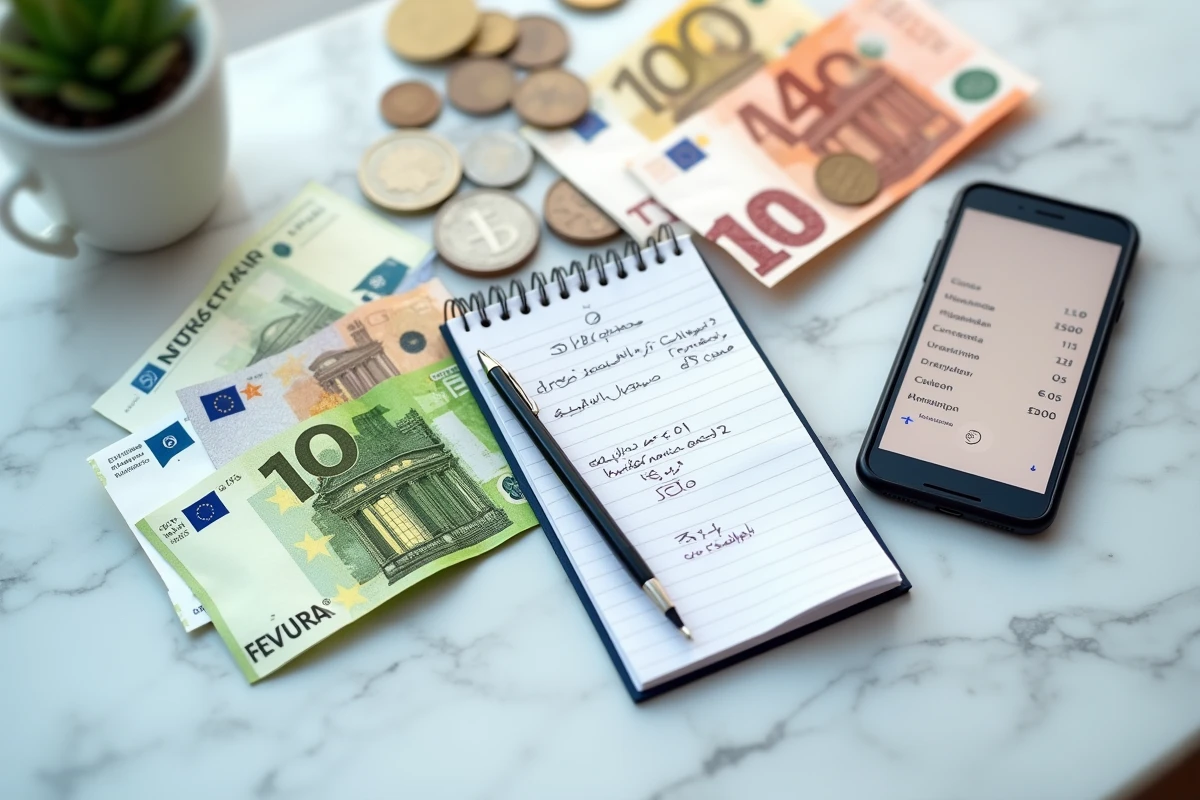 Vue aérienne de billets en euros et dirhams marocains avec smartphone affichant une application de transfert d'argent et notes de conversion manuscrites