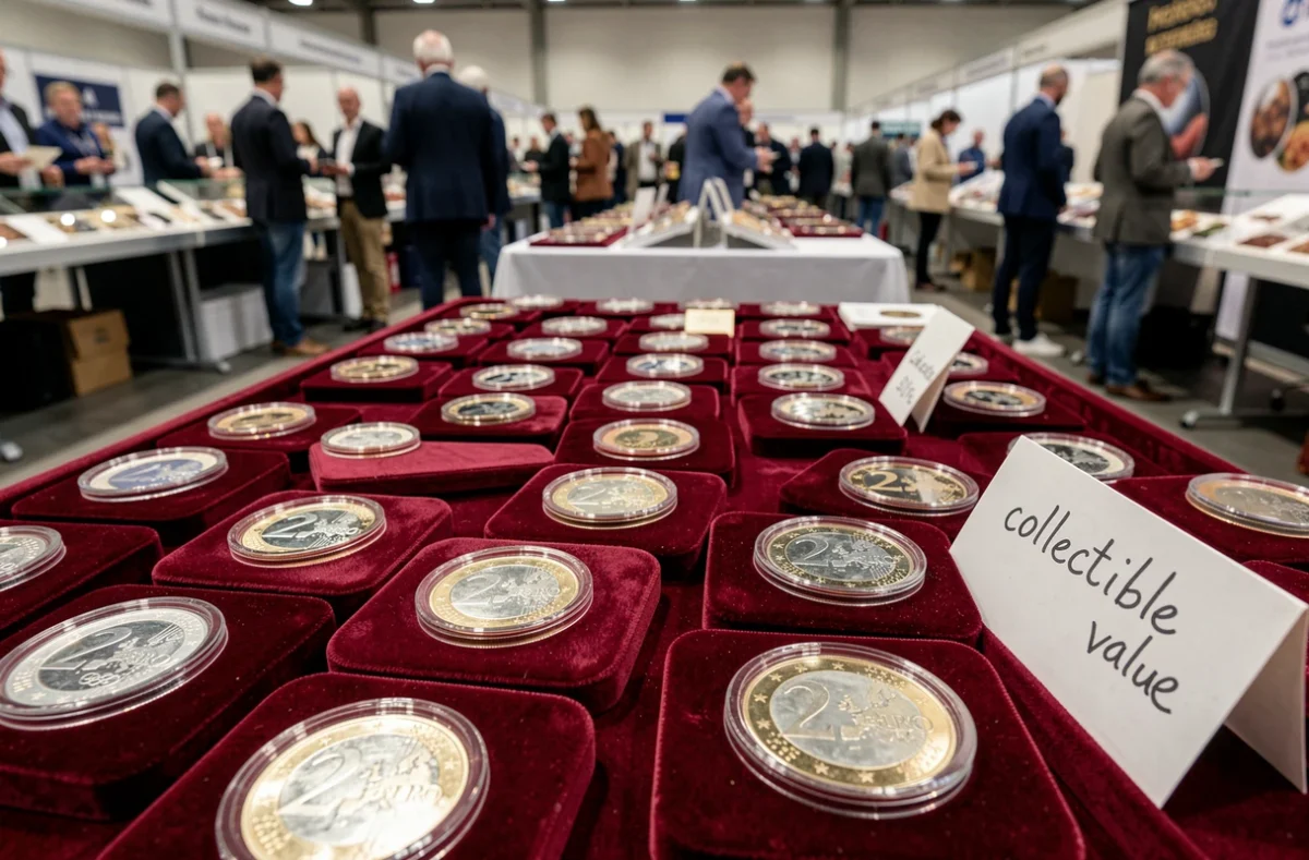 Plateau de présentation de pièces de 2 euros commémoratives Jeux Olympiques dans des capsules de protection sur feutrine lors d'une foire numismatique