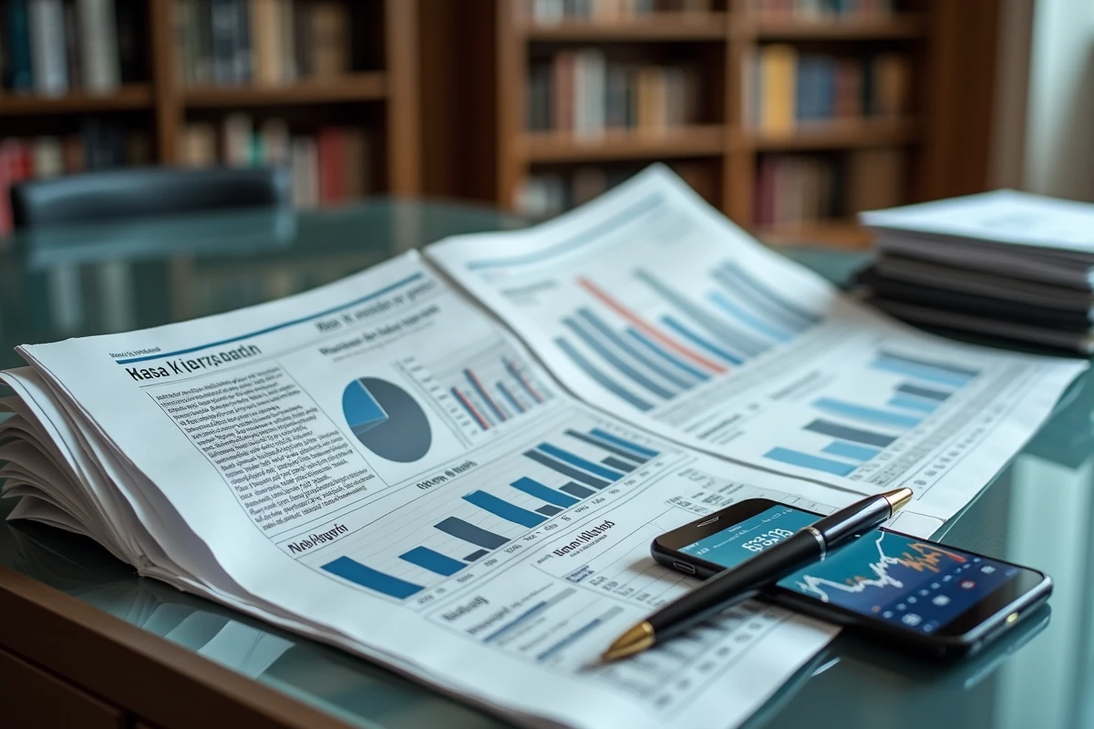 Journal financier avec graphiques de fortune et classements de richesse sur un bureau en verre, symbolisant l'analyse médiatique de la fortune de Nasser Al Khelaïfi en 2026