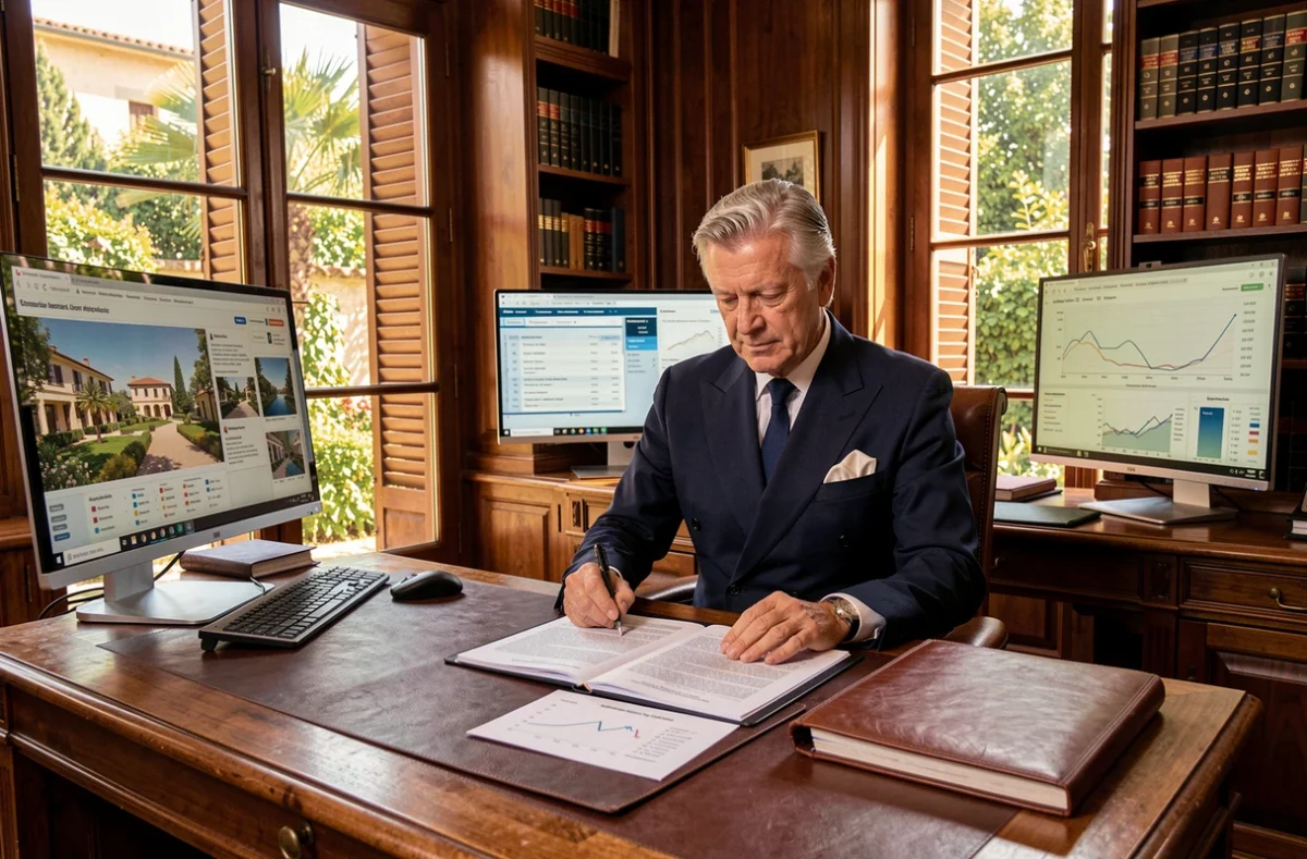 Expert patrimonial de Fortunexpert Conseil en PACA examinant un dossier patrimonial complet dans un bureau prestigieux