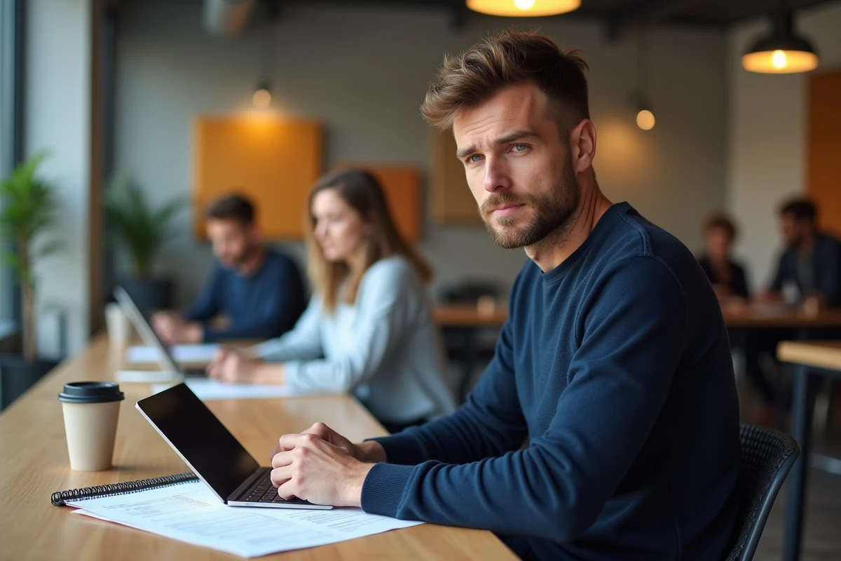 Freelance masculin travaillant sur sa déclaration fiscale dans un espace de coworking moderne avec tablette et documents