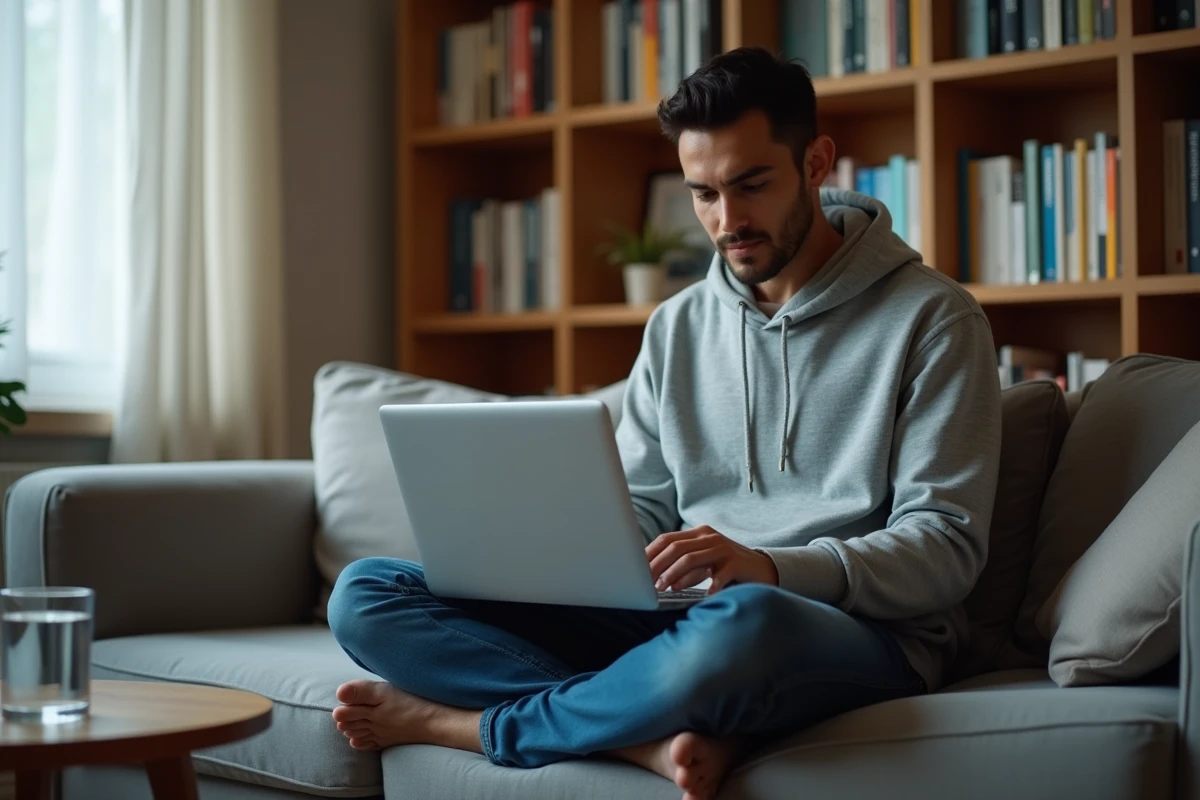 Jeune travailleur indépendant simulant sa conversion 1800 euros bruts en net sur un ordinateur