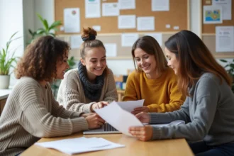 Groupe de quatre adultes collaborant autour d'une table