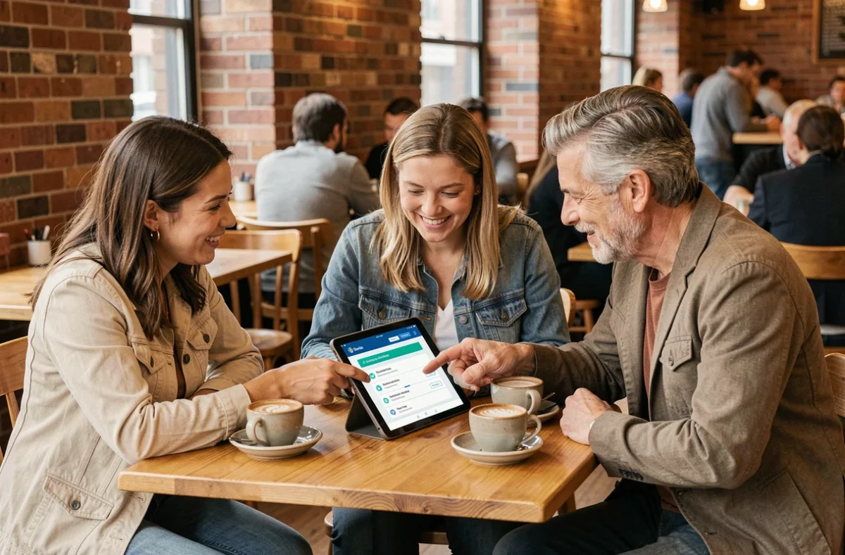 Groupe de personnes discutant ensemble d'une cagnotte en ligne et de la fiscalité des dons dans un café