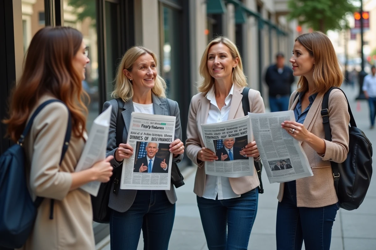 Groupe de femmes et un homme discutant avec journaux