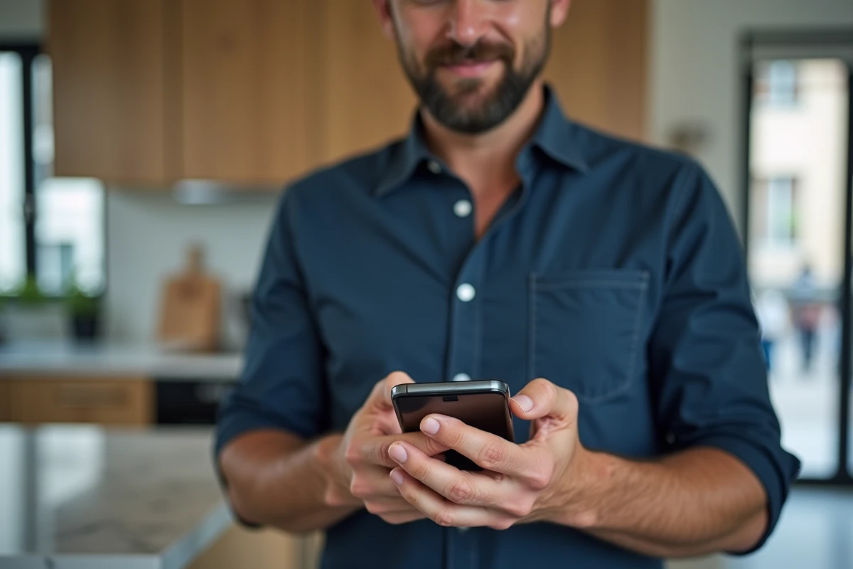 Homme finalisant un achat Amazon avec PayPal sur son smartphone dans une cuisine moderne