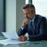 Homme d'affaires en costume lisant un contrat financier