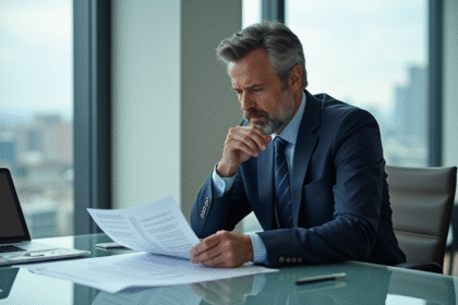 Homme d'affaires en costume lisant un contrat financier