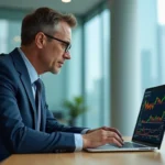 Homme d'affaires en costume bleu regardant des graphiques financiers