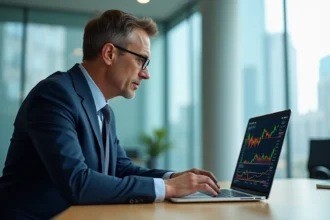 Homme d'affaires en costume bleu regardant des graphiques financiers