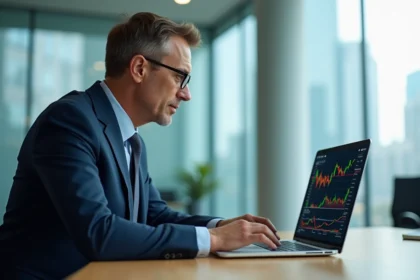 Homme d'affaires en costume bleu regardant des graphiques financiers