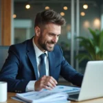 Homme d'affaires en costume analyse des graphiques au bureau