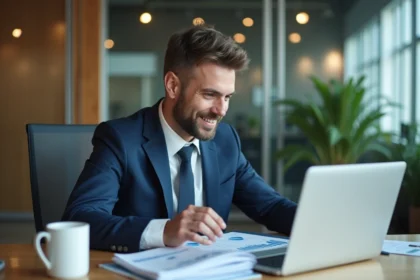 Homme d'affaires en costume analyse des graphiques au bureau