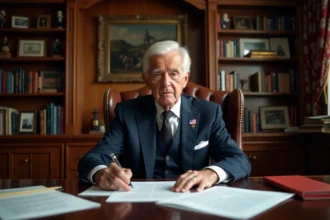 Portrait d'un homme âgé en costume dans un bureau élégant
