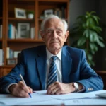 Homme âgé en costume bleu dans un bureau traditionnel
