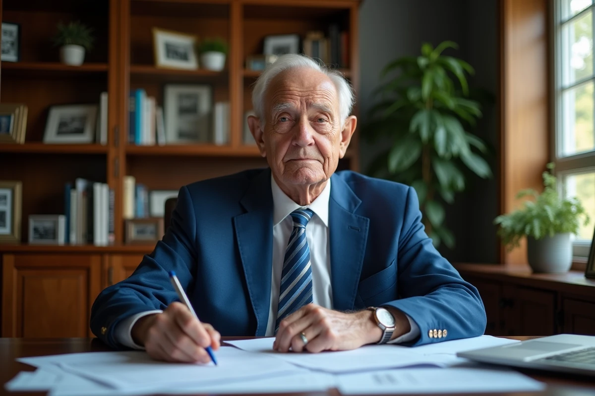 Homme âgé en costume bleu dans un bureau traditionnel