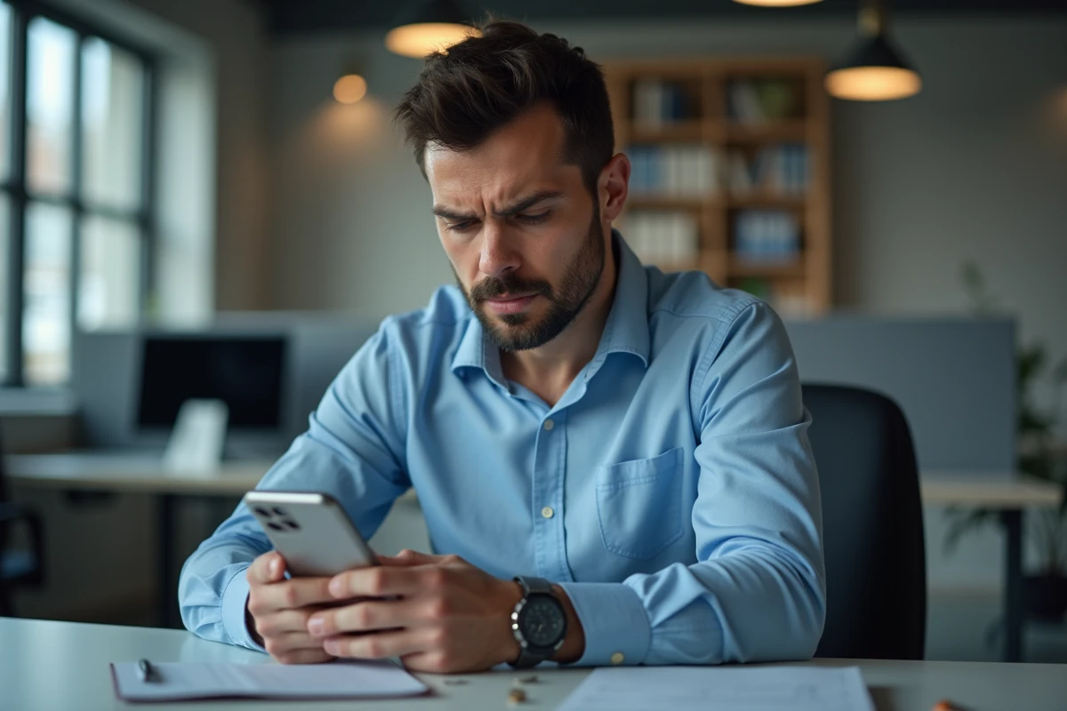Homme en bureau consultant une alerte de prélèvement bancaire non autorisé de 108 euros sur son application mobile