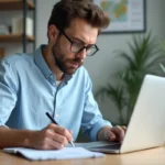 Homme en chemise bleue analysant des graphiques au bureau