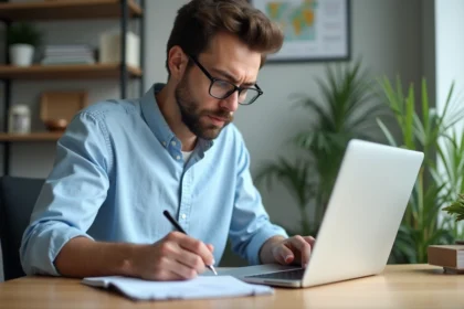 Homme en chemise bleue analysant des graphiques au bureau