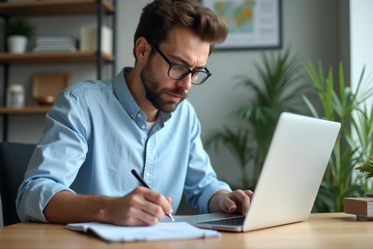 Homme en chemise bleue analysant des graphiques au bureau