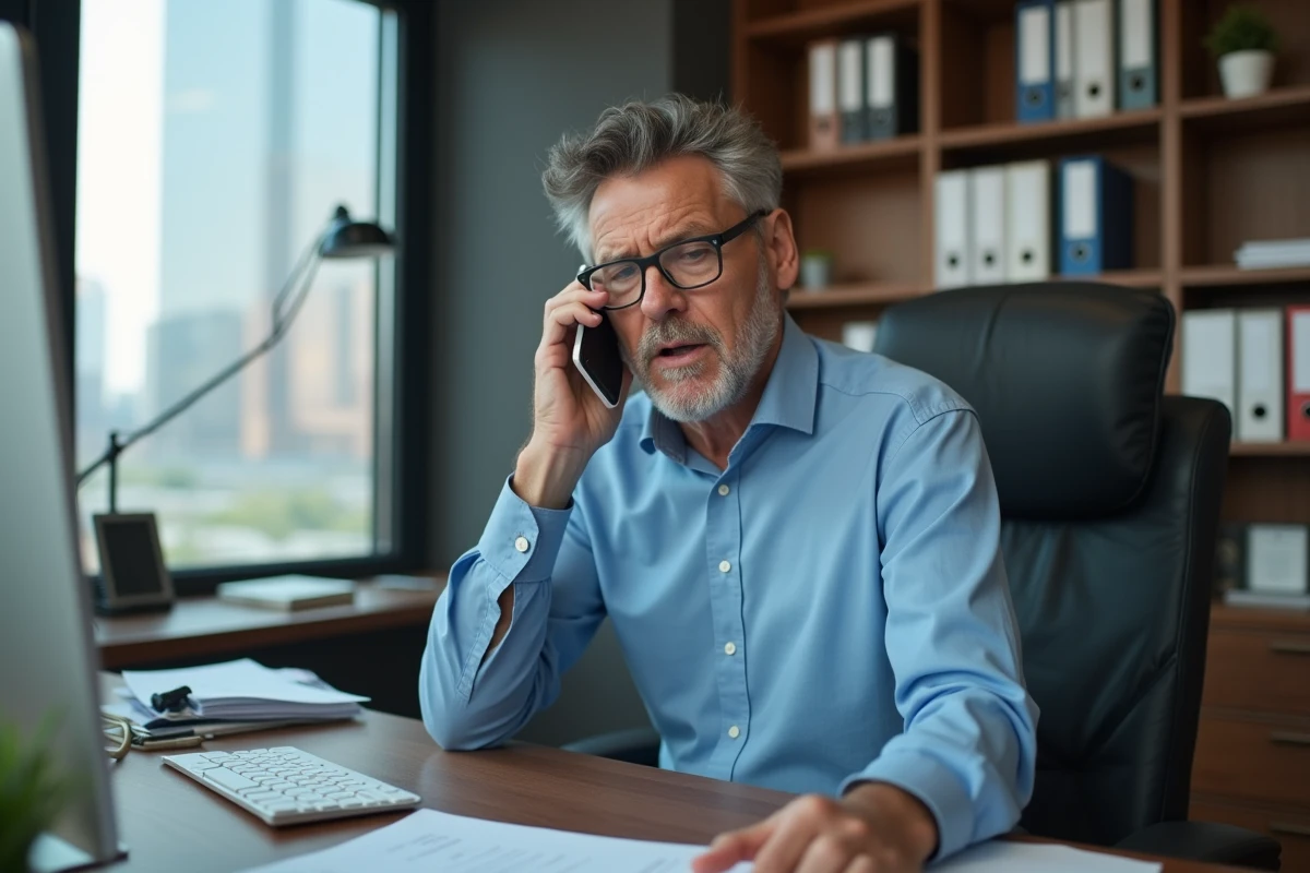 Homme au bureau faisant un appel pour résiliation mobile
