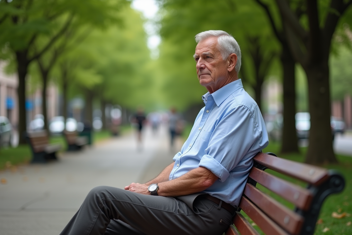 Homme mature assis sur un banc de parc en pensant
