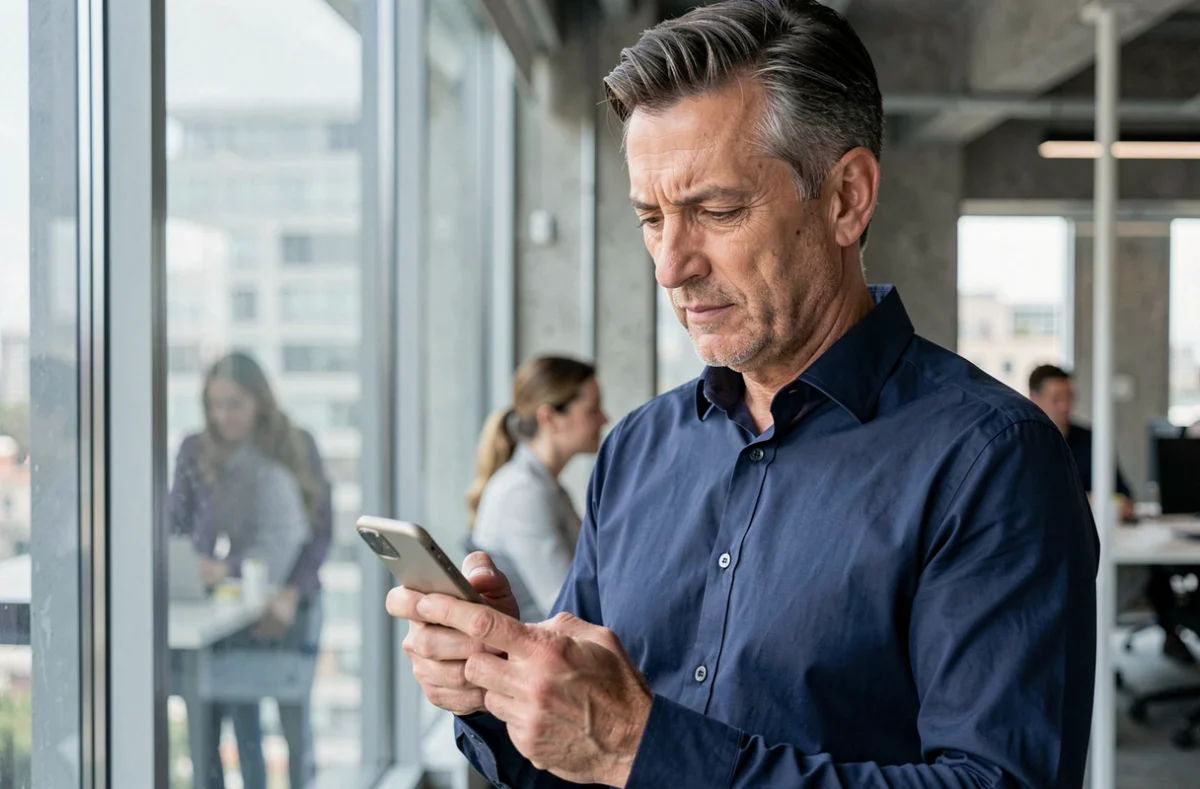 Homme authentifiant une opération bancaire mobile en toute sécurité dans un bureau moderne