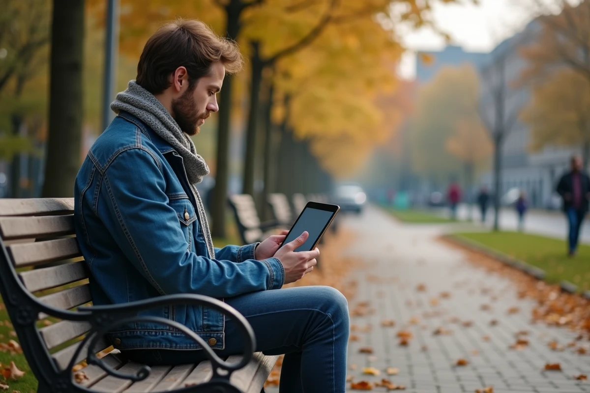 Jeune homme seul sur un banc de parc avec une tablette