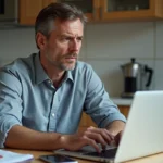 Homme d'une quarantaine utilisant son ordinateur à la maison