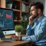 Homme en bureau moderne regardant des graphiques crypto