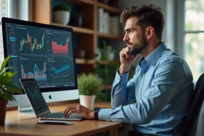 Homme en bureau moderne regardant des graphiques crypto