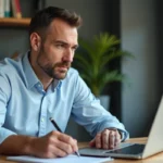 Homme d'affaires au bureau regardant un graphique digital