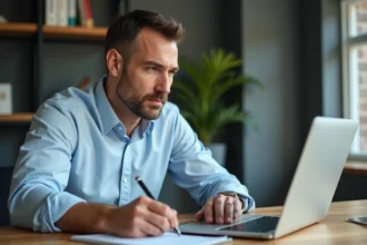 Homme d'affaires au bureau regardant un graphique digital