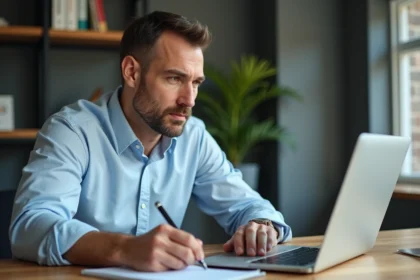 Homme d'affaires au bureau regardant un graphique digital