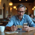 Homme d'âge moyen au café tenant un dirham marocain