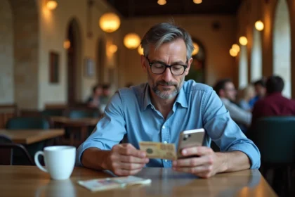 Homme d'âge moyen au café tenant un dirham marocain