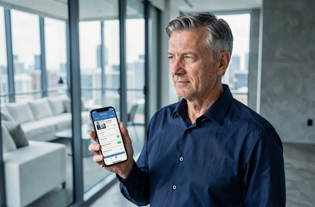 Homme comparant des offres d'assurance emprunteur sur son smartphone dans un appartement moderne