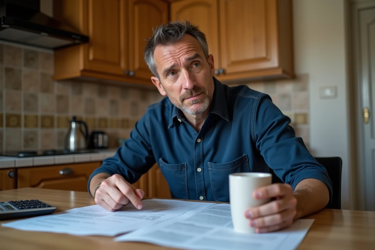 Homme ouvrier comparant son contrat de travail et son salaire net à domicile
